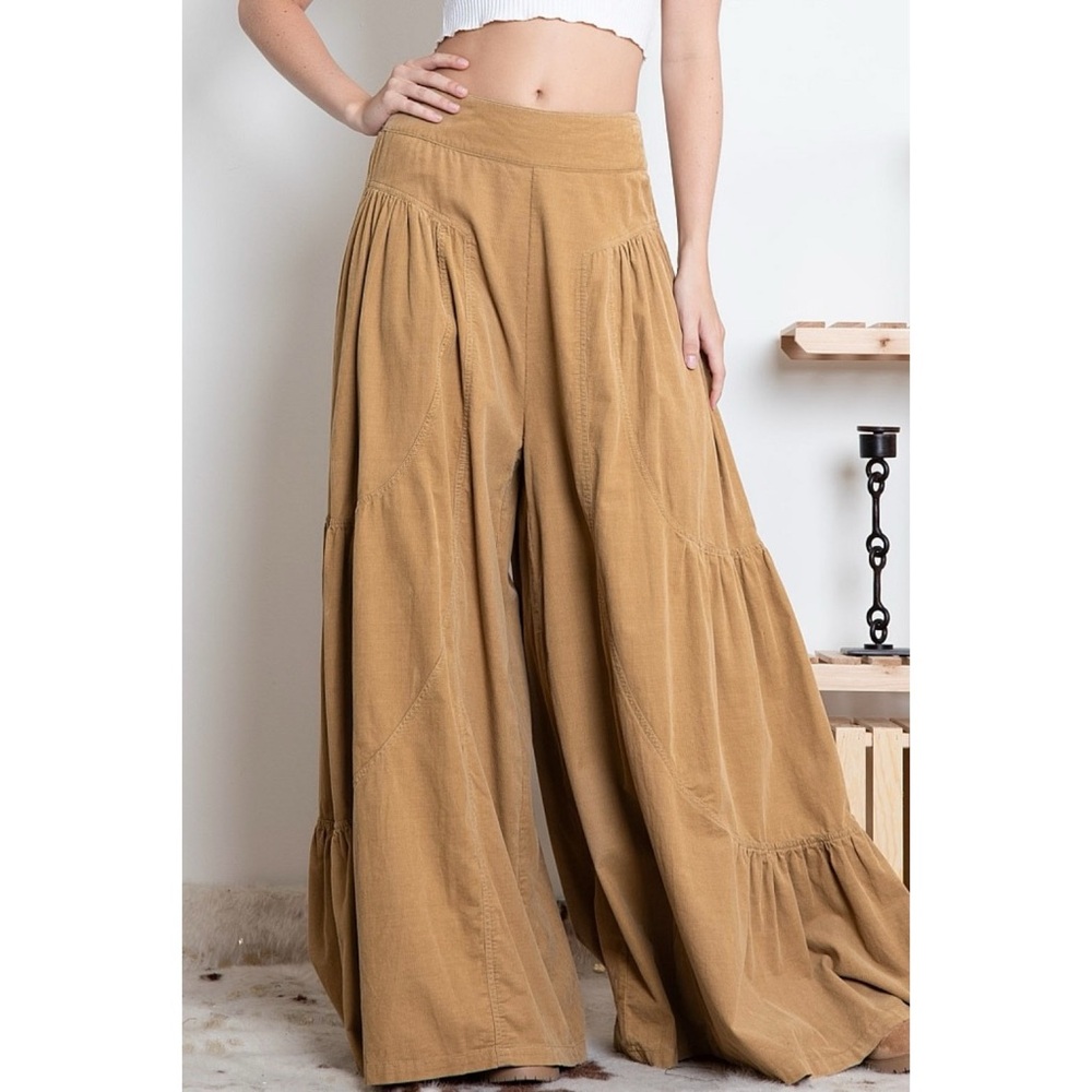Blue Velvet Camel Super Wide Leg Corduroy Pants | Tiered Pull On